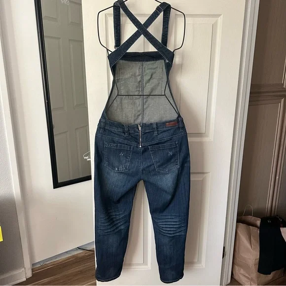 Blank NYC Crossover Distressed Denim Overalls Size 30 Medium Wash Zip Accent - Picture 5 of 16